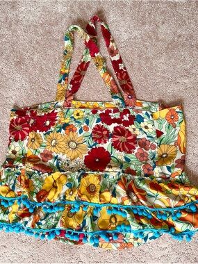 NATURAL LIFE Multicolor Floral Tote with Red, Yellow, Green w/ Blue Pom Accents